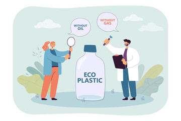Happy scientists making eco-friendly plastic vector illustration. Cartoon drawing of biologists making material without gas or oil. Ecology, environment, science, biology, nature concept