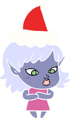 pretty hand drawn flat color illustration of a elf girl wearing santa hat