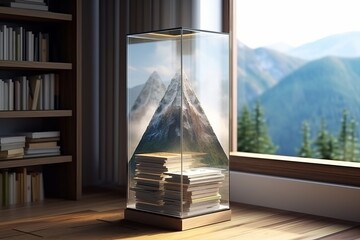 On the table. Transparent solid glass with filled with mountains inside. Beautiful illustration picture. Generative AI
