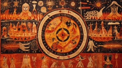 Naklejka premium Intricate and enigmatic esoteric symbols are meticulously painted on a mystical tapestry, weaving together ancient wisdom, cosmic energies, and spiritual insights. Generated by AI.