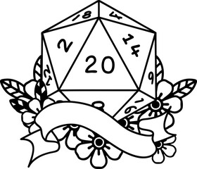 Black and White Tattoo linework Style natural twenty D20 dice roll