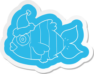 quirky cartoon  sticker of a exotic fish wearing santa hat