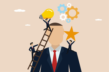 Change of mind concept business illustration, businessmen team helping with new creative ideas. Illustration of successful businessman.