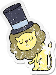 distressed sticker of a cute cartoon lion wearing top hat