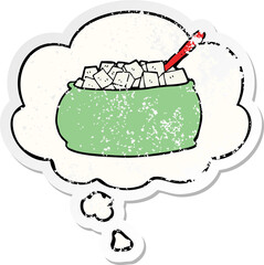 cartoon sugar bowl with thought bubble as a distressed worn sticker