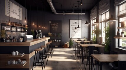 Modern trendy loft style coffee shop interior with wooden counter, tables and stools. Large panoramic windows overlooking the city. Business breakfasts and lunches. Generative AI