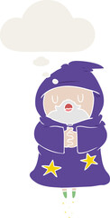 cartoon floating wizard with thought bubble in retro style