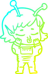 cold gradient line drawing of a cartoon alien girl