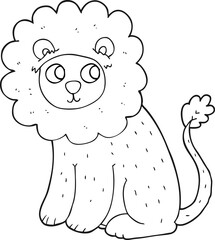 freehand drawn black and white cartoon cute lion