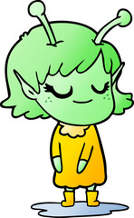 smiling alien girl cartoon in wet weather