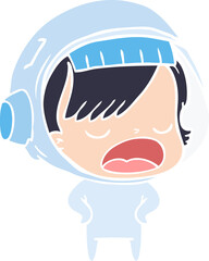 flat color style cartoon astronaut woman explaining