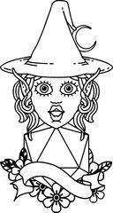 Black and White Tattoo linework Style elf mage character with natural twenty dice roll