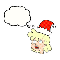 freehand drawn thought bubble cartoon stressed woman wearing santa hat