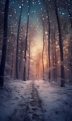 Winter forest with beautiful sunight. Beautiful illustration picture. Generative AI