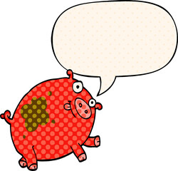 cartoon pig with speech bubble in comic book style