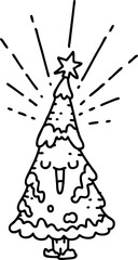 illustration of a traditional black line work tattoo style happy christmas tree