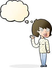 cartoon waving woman with thought bubble