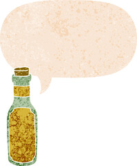 cartoon potion bottle with speech bubble in grunge distressed retro textured style