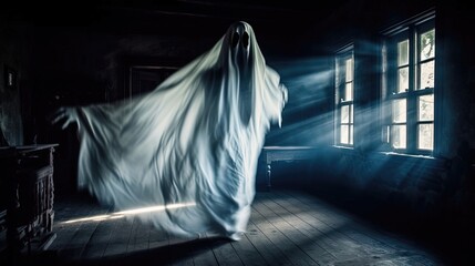 Prepare to be enthralled by the spectral inhabitant of a haunted house, its phantom apparition lurking in the depths of darkness. Generated by AI.