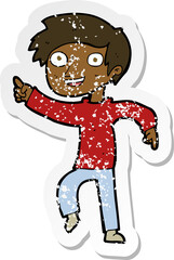 retro distressed sticker of a cartoon happy boy pointing