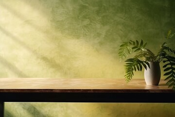 Empty table on khaki green texture wall background. Composition with leaves shadows on the wall and light reflections. Mock up for presentation, branding products, Generative AI