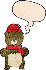cute cartoon bear with speech bubble in retro texture style