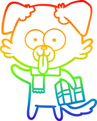 rainbow gradient line drawing of a cartoon dog with christmas present