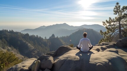 Fototapeta premium Journey to the summit of a sacred mountain peak, where the air is pure and the energy is palpable. Find a peaceful spot amidst the awe-inspiring beauty and engage in a meditation. Generated by AI.