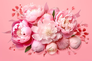 Pretty flowers such as Pink roses, peonies and lilies on pastel pink background, in the style of vibrant colors in nature,, nature-inspired compositions.