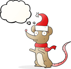 freehand drawn thought bubble cartoon mouse wearing christmas hat