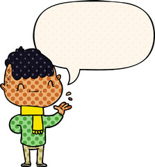 cartoon friendly boy with speech bubble in comic book style