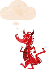 cartoon cute dragon with thought bubble in grunge distressed retro textured style