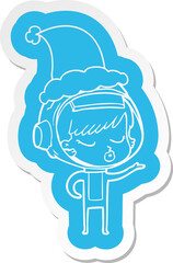 quirky cartoon  sticker of a pretty astronaut girl wearing santa hat