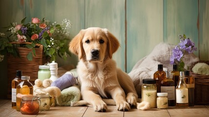 Pamper your furry friend with natural pet care products designed to enhance their well-being. From gentle shampoos and conditioners made from organic ingredients. Generated by AI.