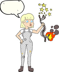 freehand drawn comic book speech bubble cartoon female electrician