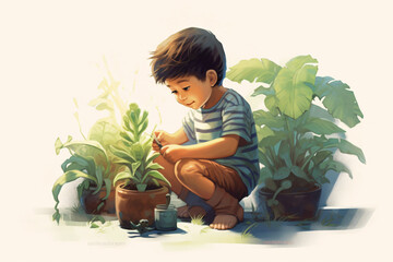 illustration of kid playing plant made with Generative AI