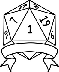 Black and White Tattoo linework Style natural one d20 dice roll