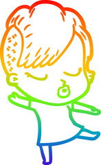 rainbow gradient line drawing of a cartoon pretty hipster girl