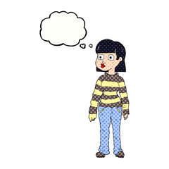 freehand drawn thought bubble cartoon woman in casual clothes