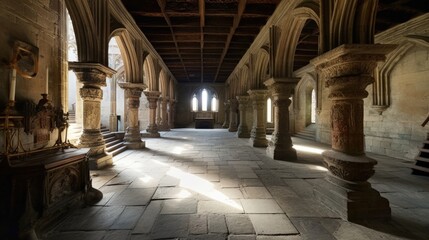 Fototapeta premium Immerse yourself in the medieval era as you embark on a tour of a historic castle, where ghost stories linger in the air. Traverse the castle's grand halls. Generated by AI.