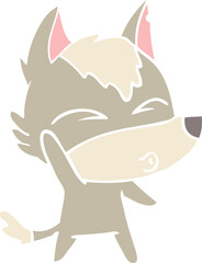 flat color style cartoon waving wolf whistling