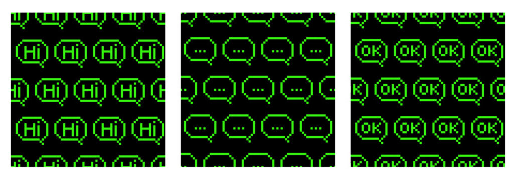 A set of sour seamless patterns in green. Icons - Hi, Ok and three dots. Vector patterns on a black background in the fashionable style of Y2K, 90 s.