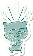 worn old sticker of a tattoo style nervous pig character
