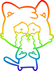 rainbow gradient line drawing of a cat crying cartoon