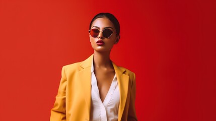 Young stylish Asian woman in red sunglasses, orange jacket, a white blouse, and red lips. Modern fashion,  close view.  Clean, red background for design, text space - Generative AI.