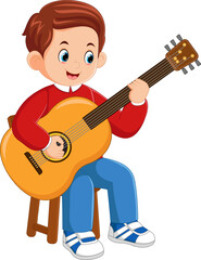 a father is playing and singing by playing the guitar