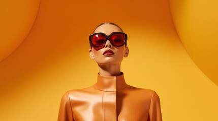 Fashion female model in pink sunglasses and an orange leather jacket, a low angle close view. Trendy fashion style. Clean, orange background for design - a Generative AI