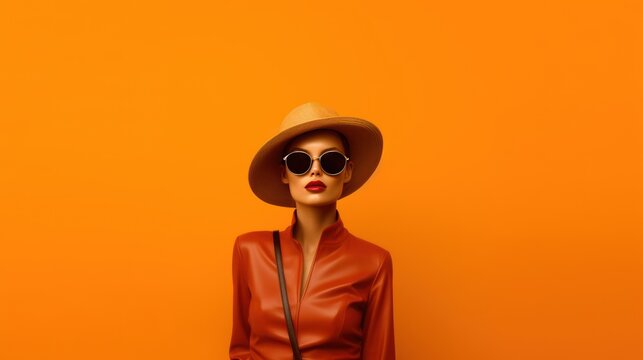 Banner of a young woman in dark sunglasses, an orange leather jacket, stylish hat and red lips. Trendy modern fashion.  Clean, orange background for design, copy space