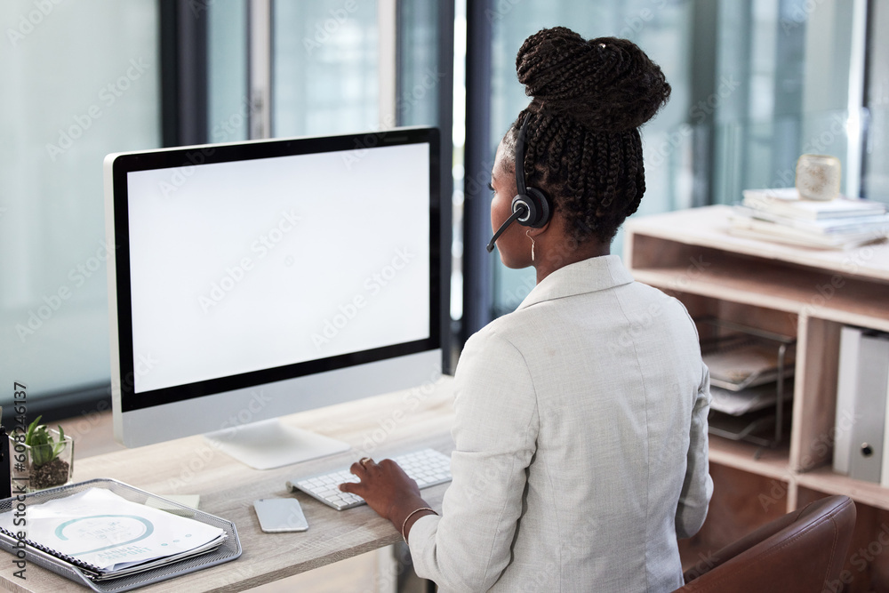 Aufkleber Call center, computer screen and mockup with black woman in office for consulting, customer service and help desk. Communication, contact us and website with back of employee for kpi and networking