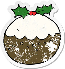 distressed sticker of a cartoon christmas pudding